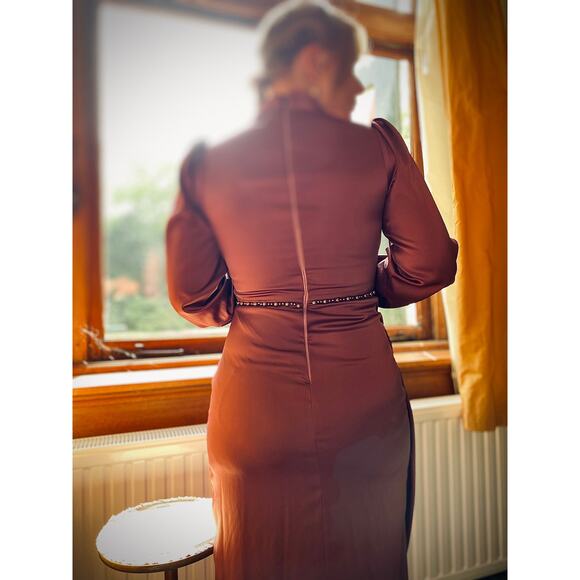 Vintage maxi gown in old mauve with drapes, beads and shiny texture, size 8 - Picture 7 of 7